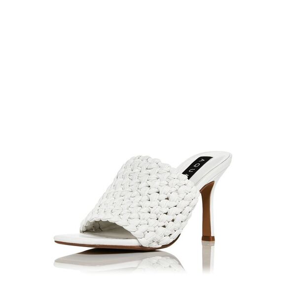 AQUA Womens White Woven Katy Square Toe Stiletto Slip On Heeled Sandal 8.5 - Picture 1 of 4